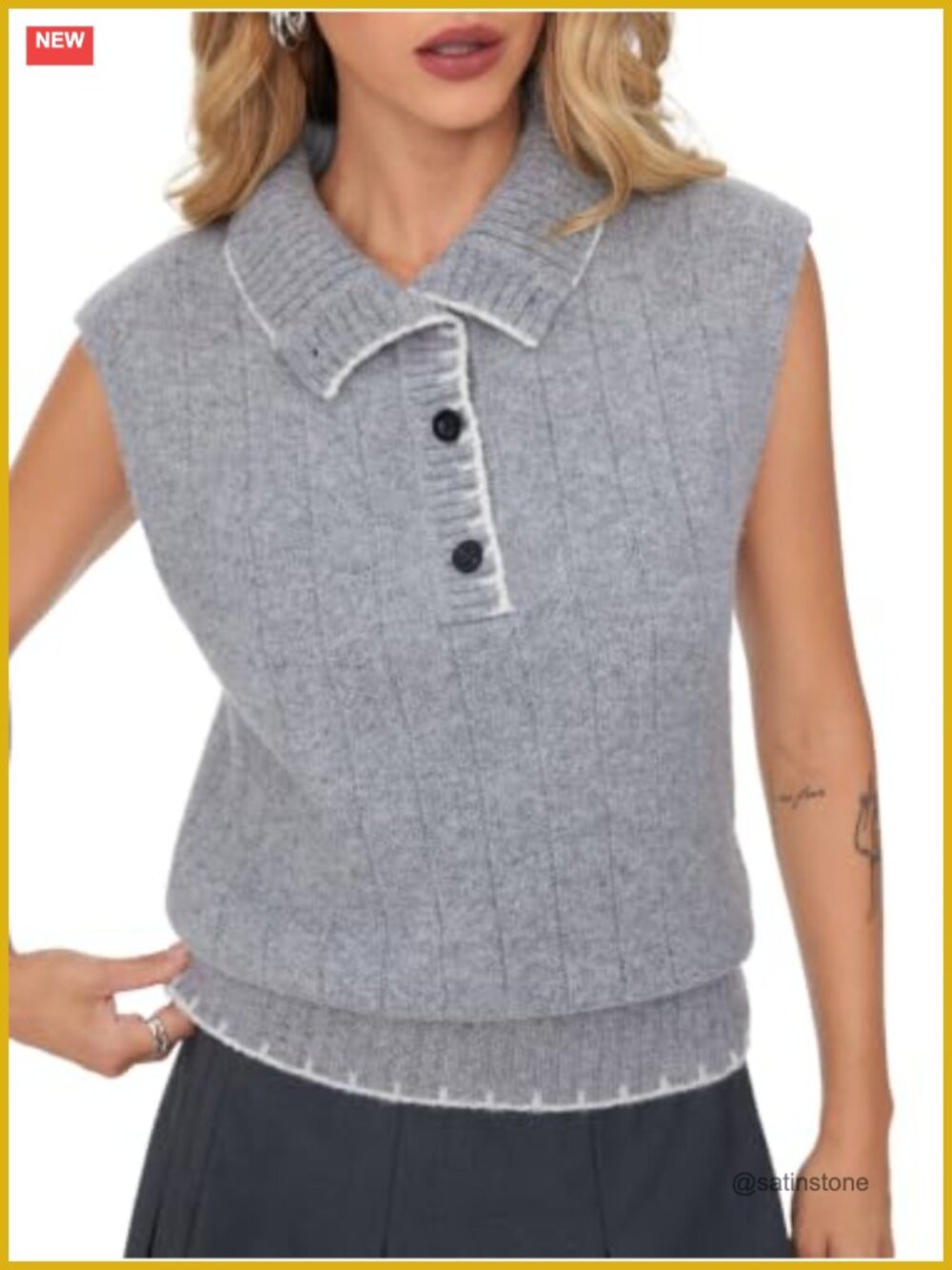 Sleeveless Ribbed Knit Polo Sweater Vest Collared Button Placket
